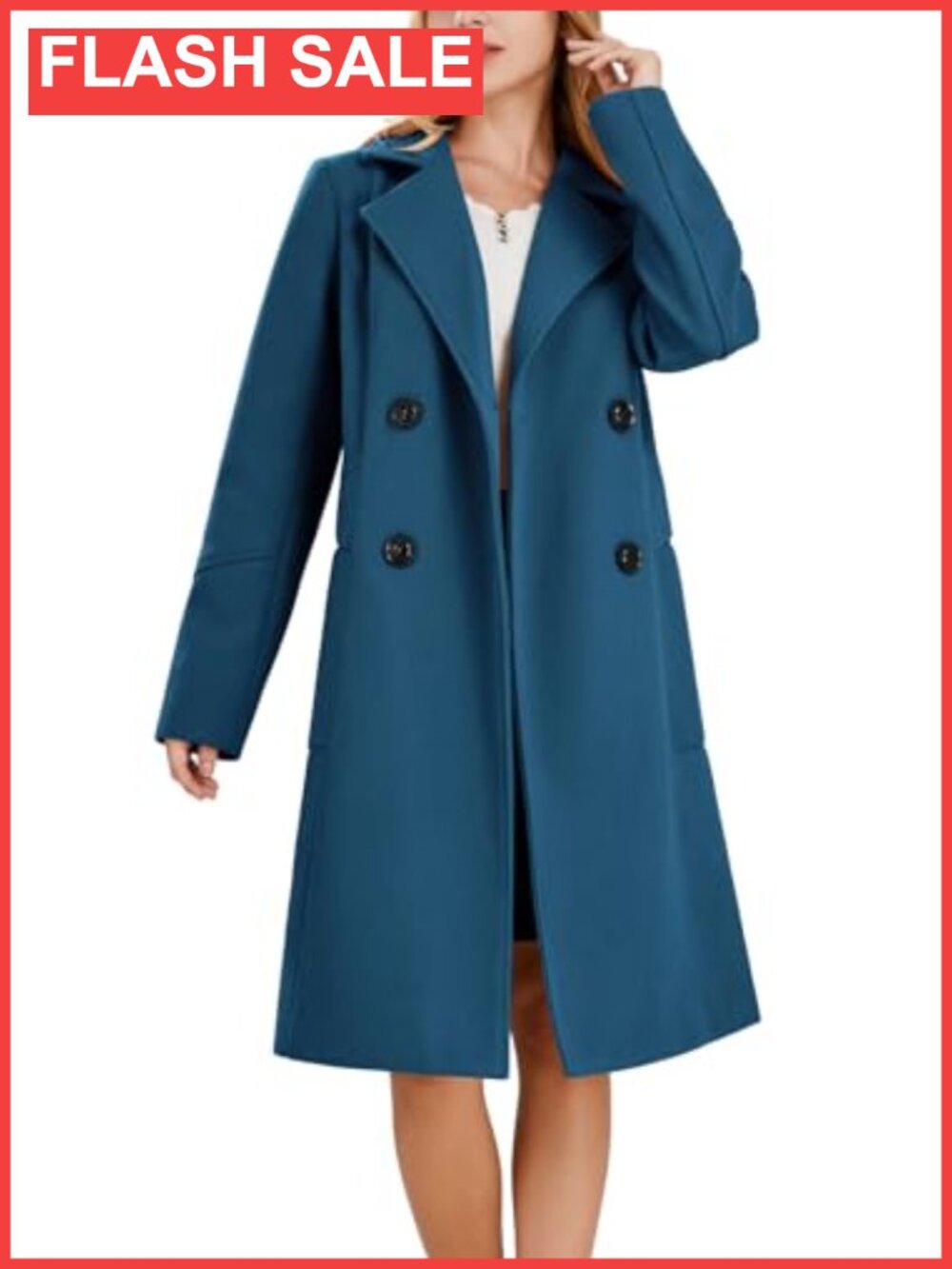 Wool Blend Pea Coat Double Breasted Knee Length Notched Collar Winter
